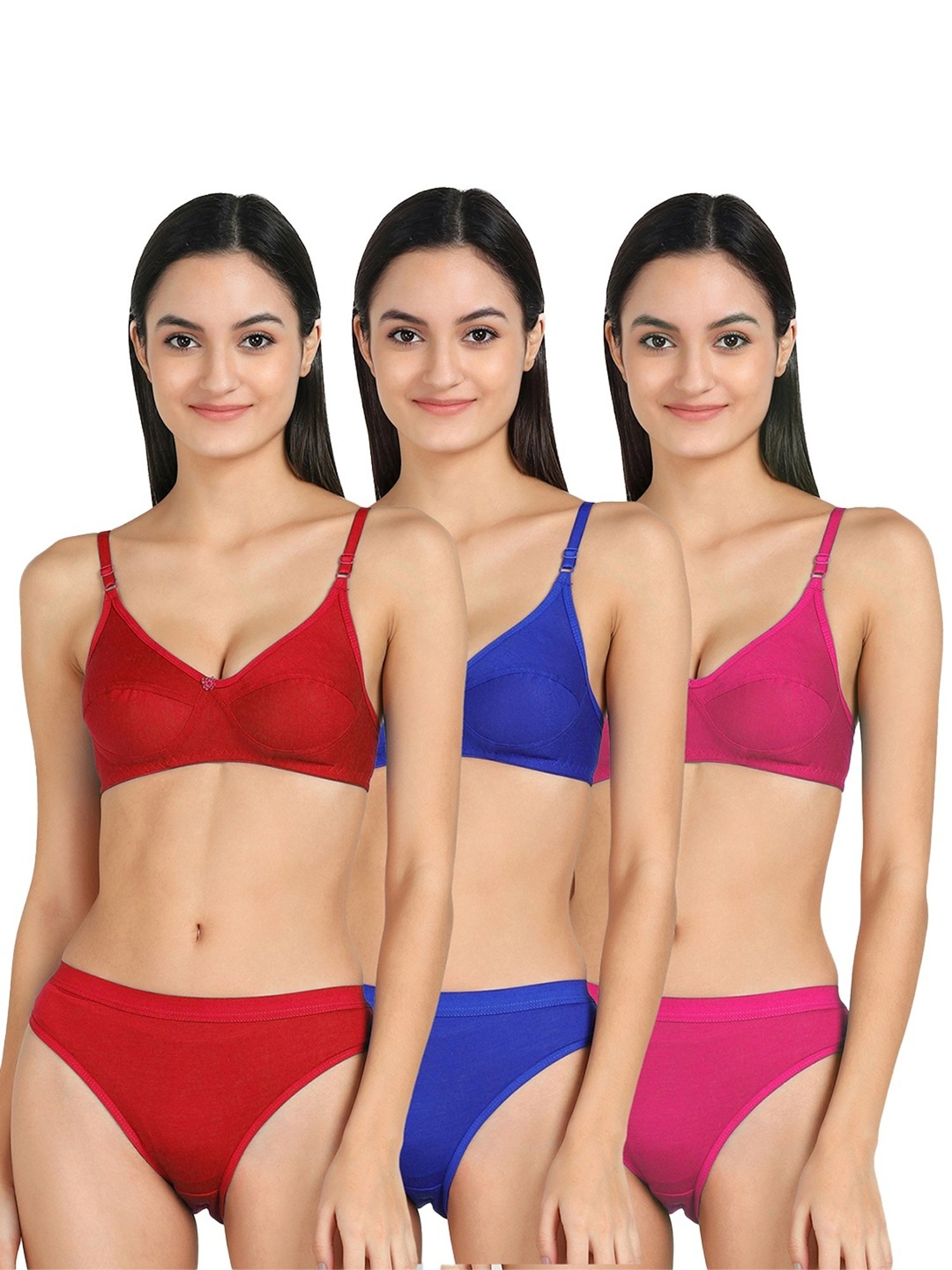 AROUSY Red & Blue Cotton Bra Panty Set - Pack Of 3