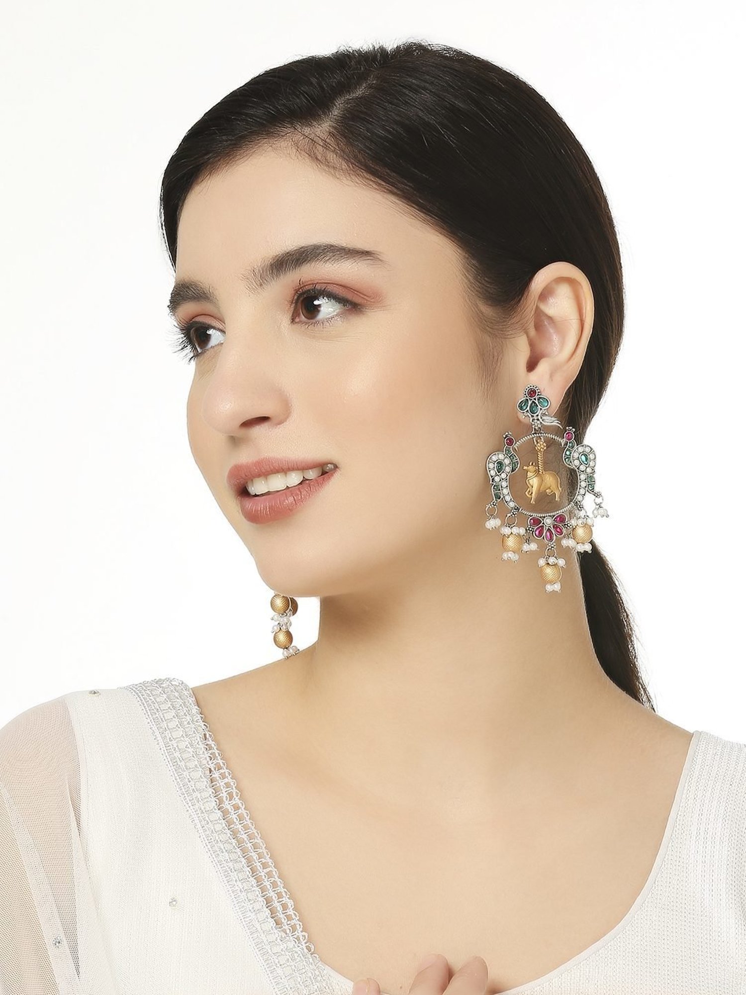 OOMPH Oxidised Silver Ethnic Nandi Cow and Peacock Design Jadau Style Dangler Earrings