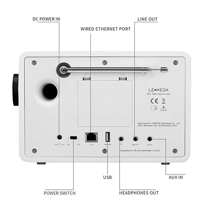 M2+ Smart Internet Radio,Table Radio,FM Radio,Bluetooth,WiFi,Spotify Connect,Wooden Box,Headphones-Out,AUX-in,USB MP3, Alarms& Clock,Kitchen/Sleep/Snooze Timer,20 Stations Presets-White Satin