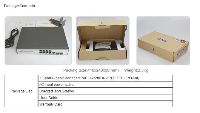 ONV-POE33108PFM-at 10-port Gigabit Managed PoE Switch with 8x 10/100/1000Base-T RJ45 Ethernet ports and 2x gigabit SFP slots