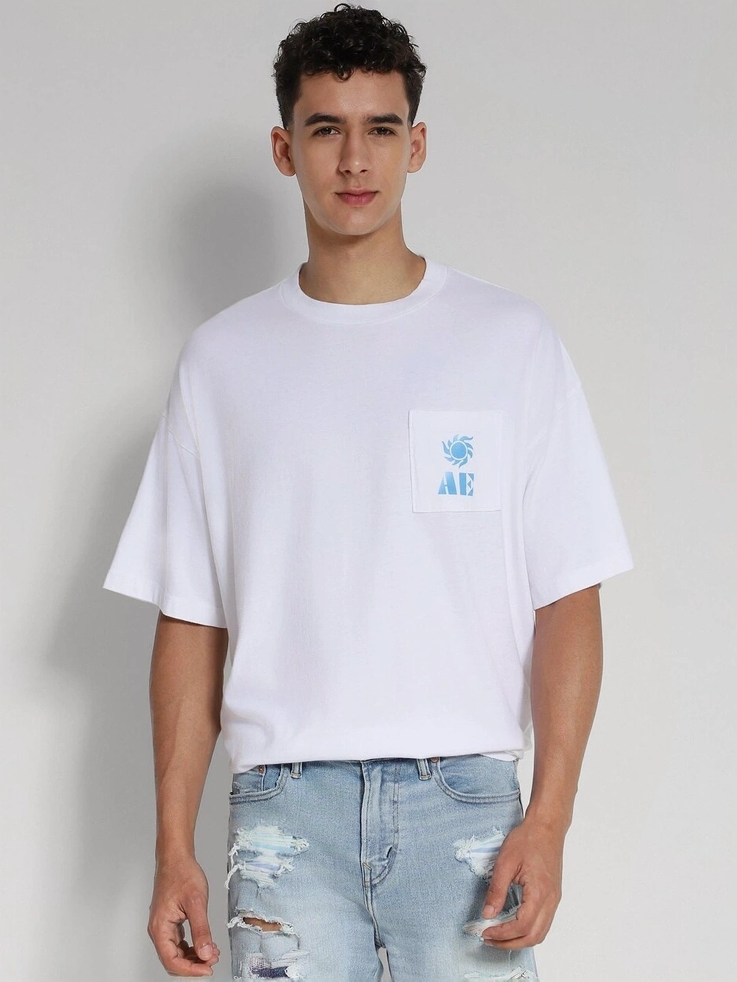 American Eagle White Cotton Oversized Fit Printed T-Shirt