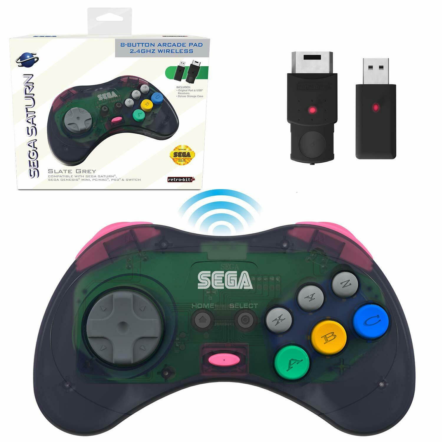 Retro-Bit Official Sega Saturn 2.4 GHz Wireless Controller 8-Button Arcade Pad for Sega Saturn, Sega Genesis Mini, Nintendo Switch, PS3, PC, Mac - Includes 2 Receivers & Storage Case - Slate Gray