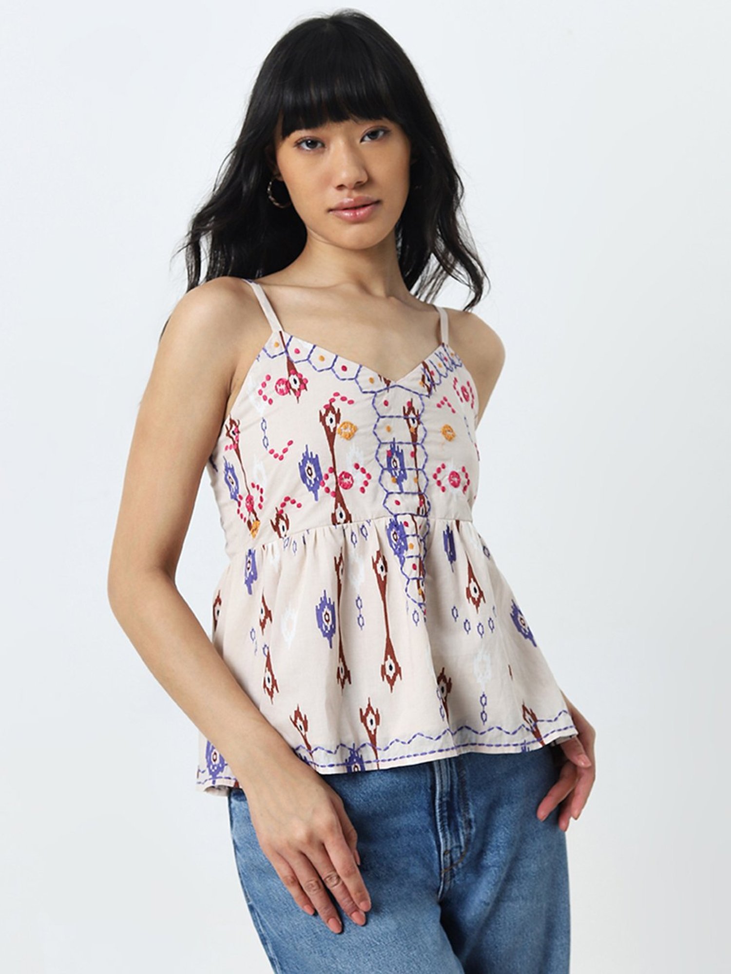 Bombay Paisley by Westside Light Beige Ikat Embroidered Cotton Top