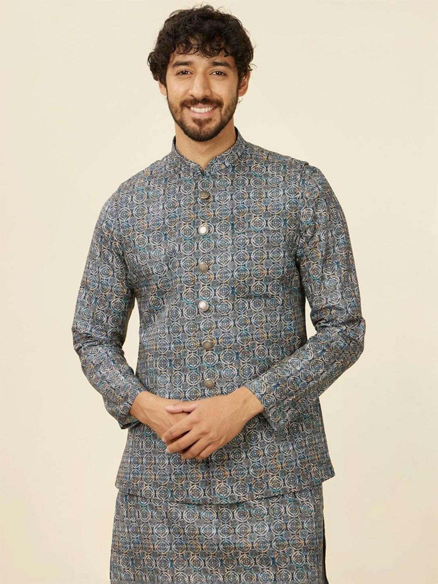 Manyavar Dark Blue Printed Nehru Jacket