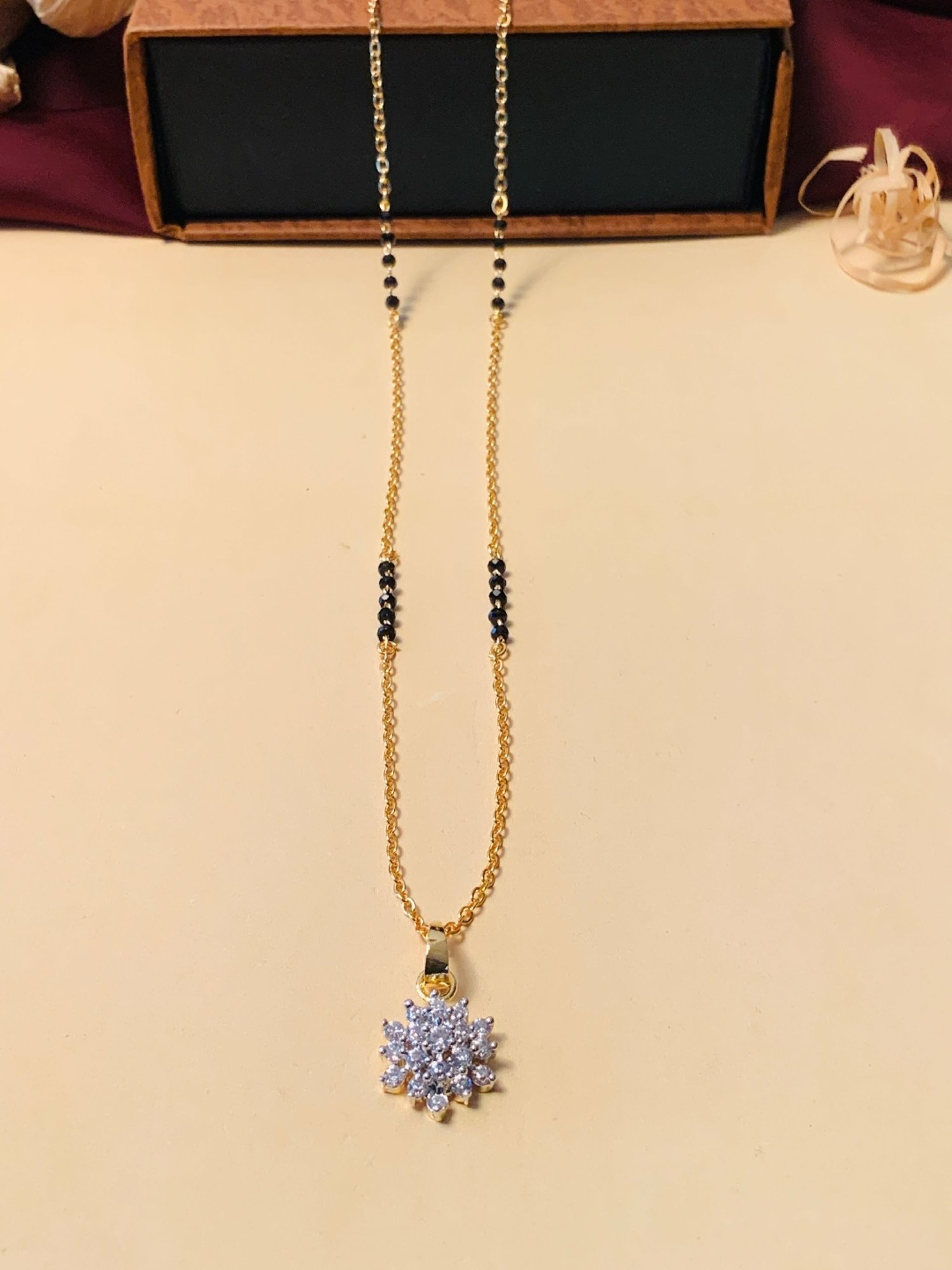 Abdesigns Gold-Plated American Diamond & Black Beaded Mangalsutra