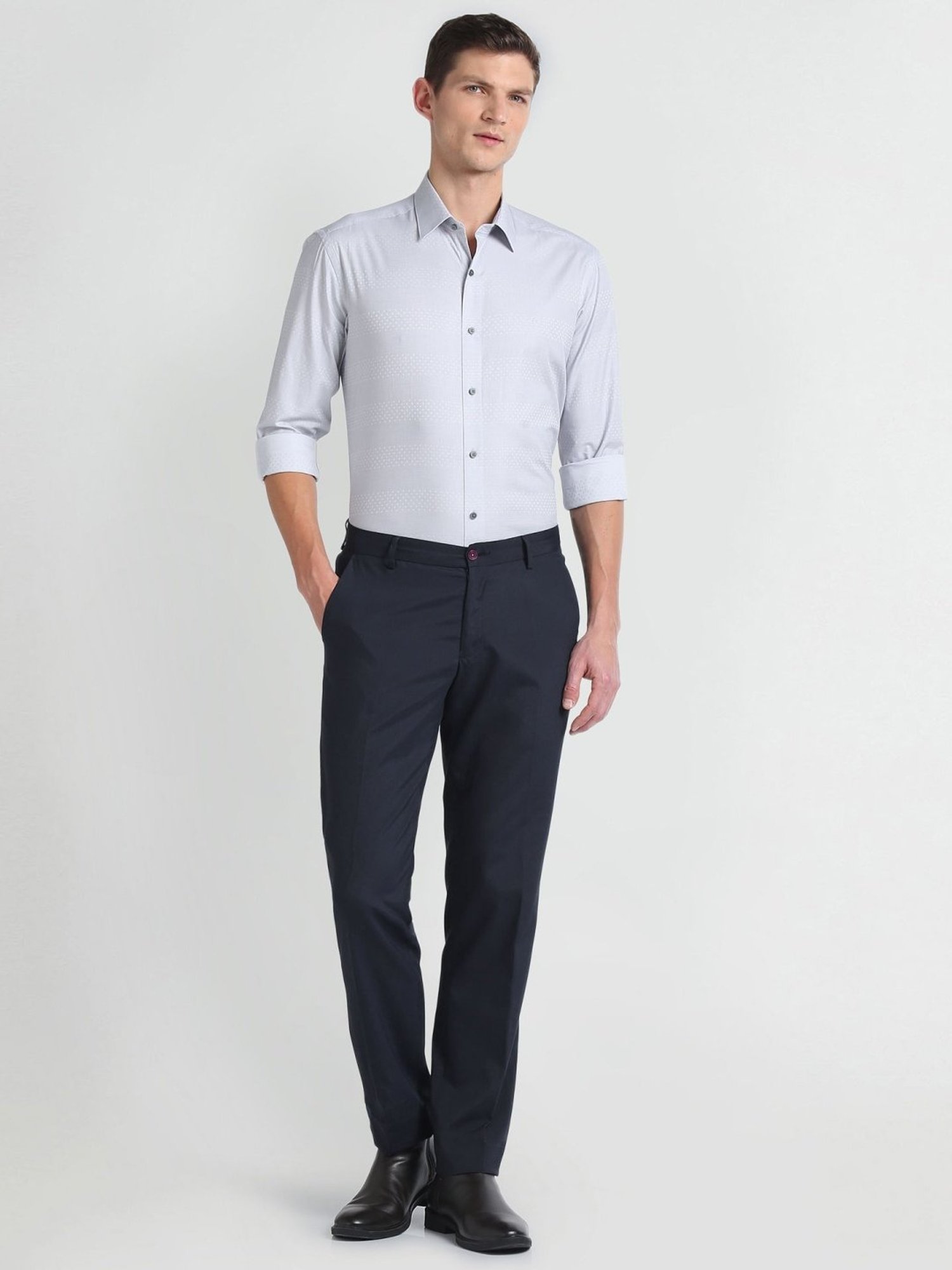 Arrow Newyork Grey Cotton Slim Fit Striped Shirt