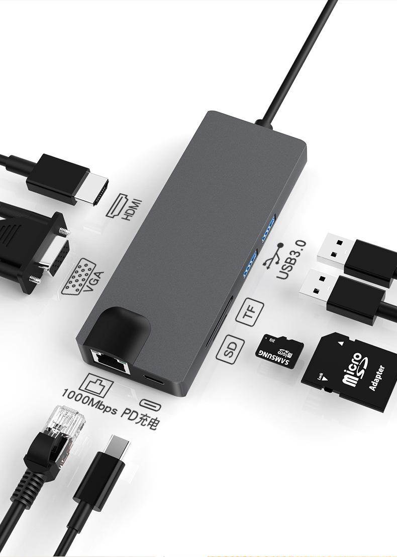 8-in-1Type-C to USB3.0 Gigabit LAN VGA HDMI Hub Power Port SD/TF Docking Station