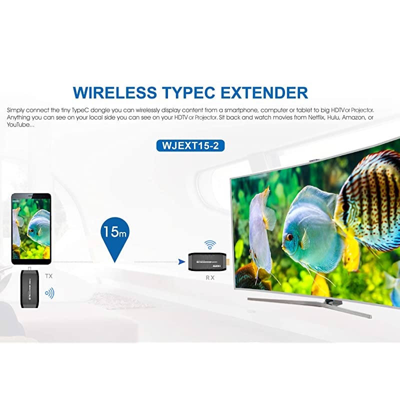 Wireless USB C to HDMI Extender Kit, Transmitter and Receiver Powered by USB Type-C, Transmit HD 1080p Video and Audio to TV or Projector from Laptop, PC, DVD Player, NO Cable Box (15m/50ft)