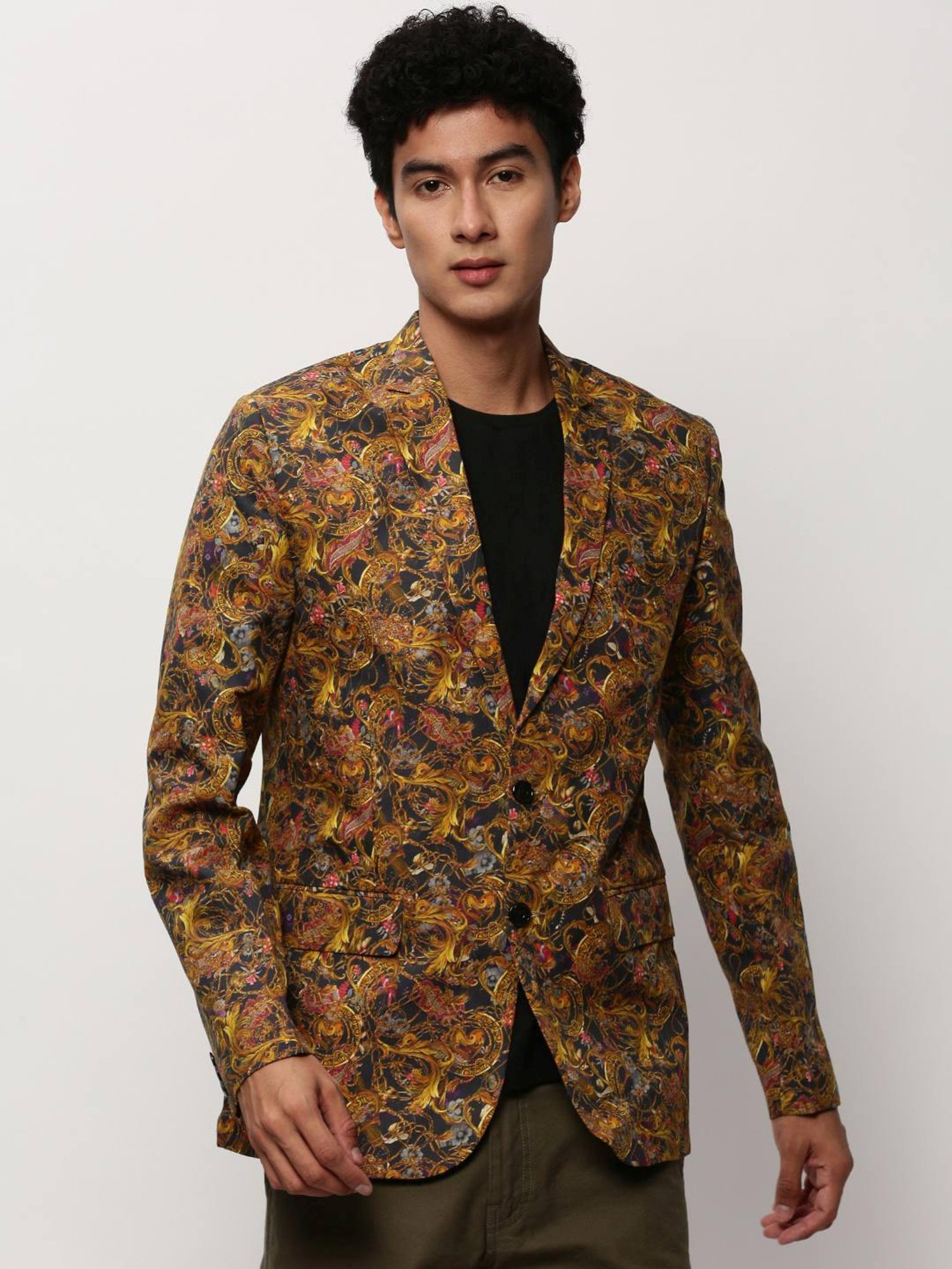 SHOWOFF Mustard Slim Fit Printed Blazer