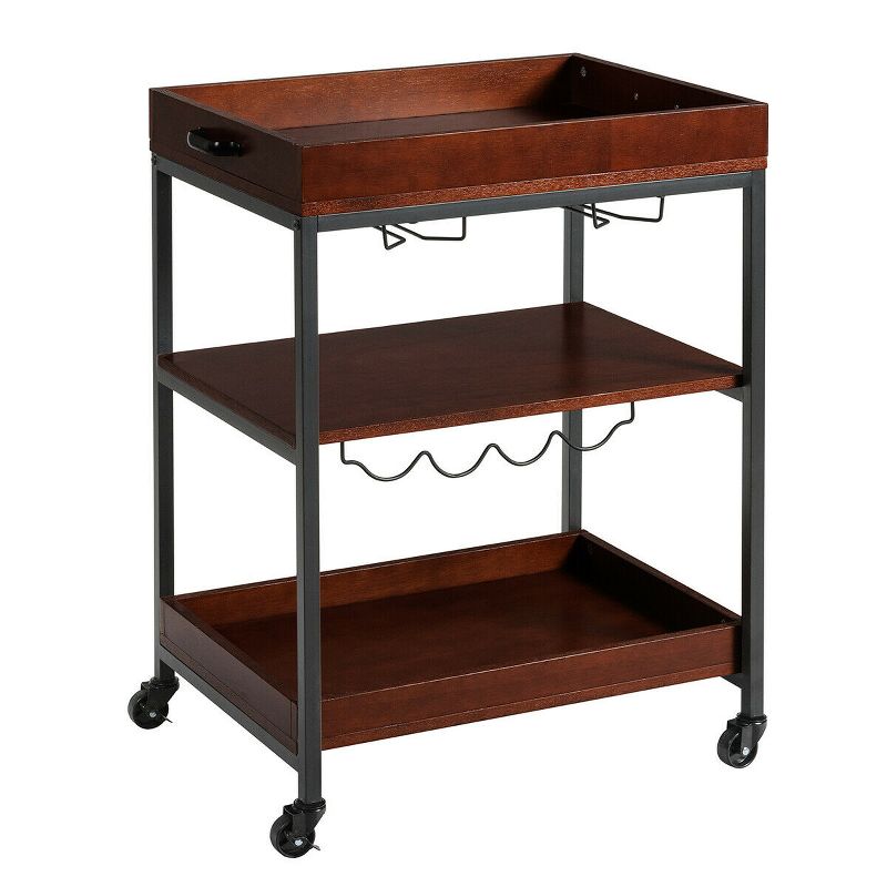 Costway 3 Tier Trolley Cart Kitchen Island Serving Bar Cart w/ Glass Holder & Wine Rack