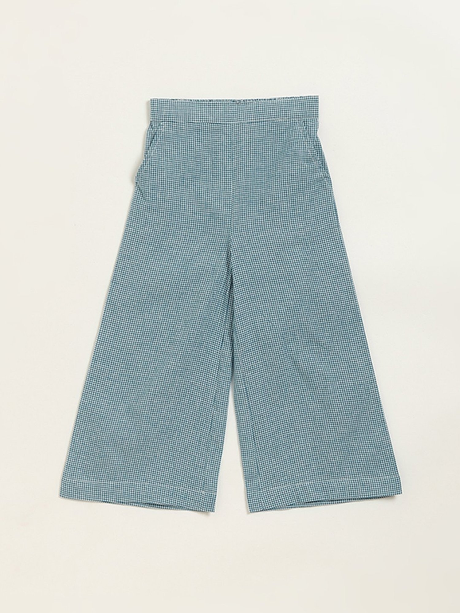 Utsa Kids by Westside Blue Checks Wide-Leg High-Rise Cotton Palazzos