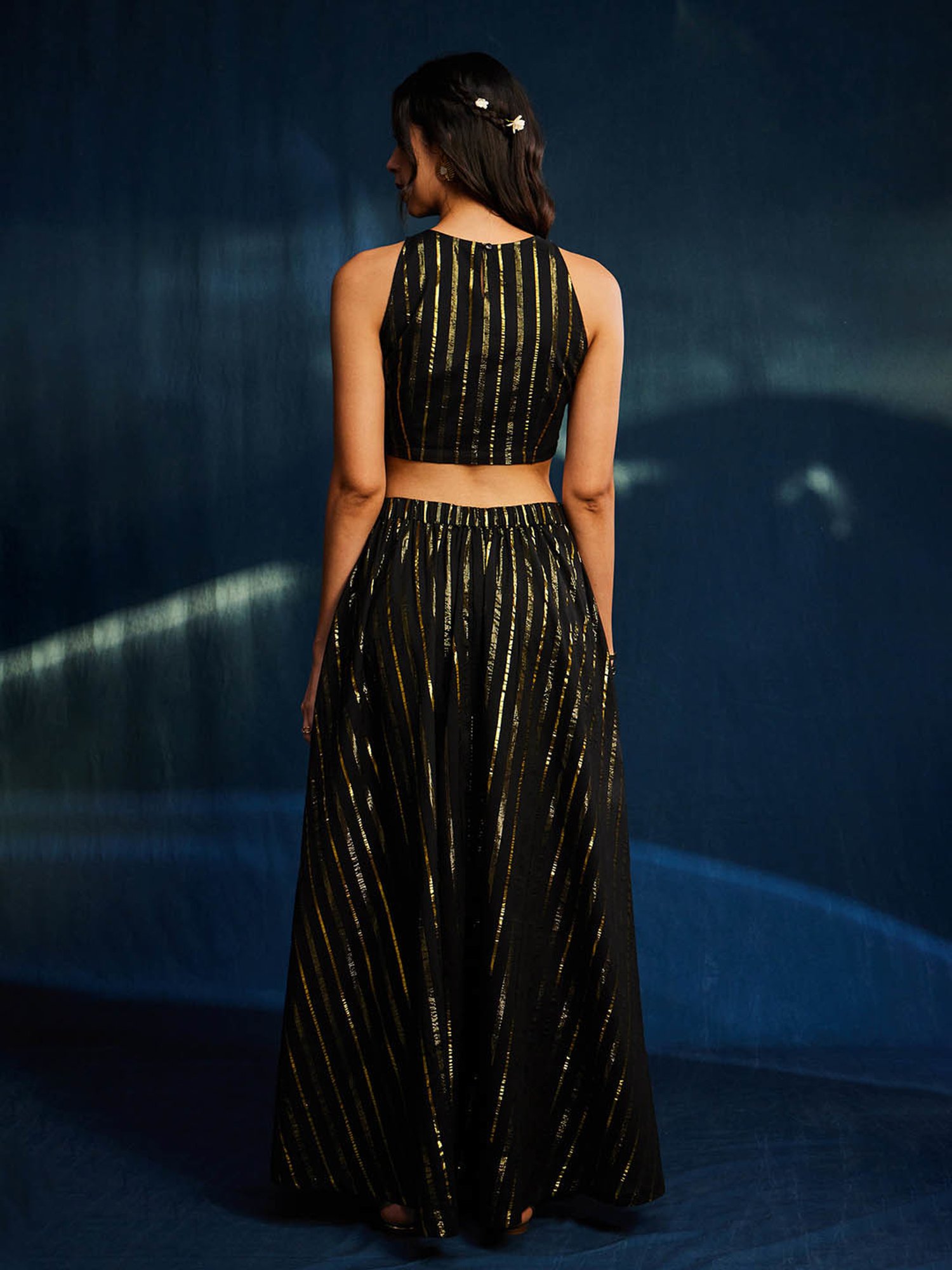 Pink Fort Black Cotton Striped Crop Top With Skirt