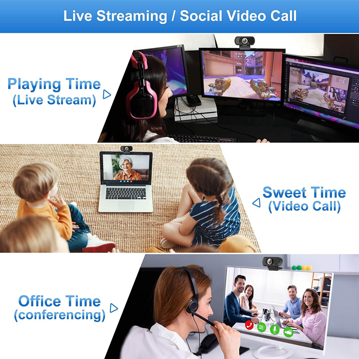 Webcam 1080P,HD Webcam with Microphone,PC Laptop Desktop USB Webcams with 110 Degree Wide Angle,Computer Web Camera with Rotatable Clip