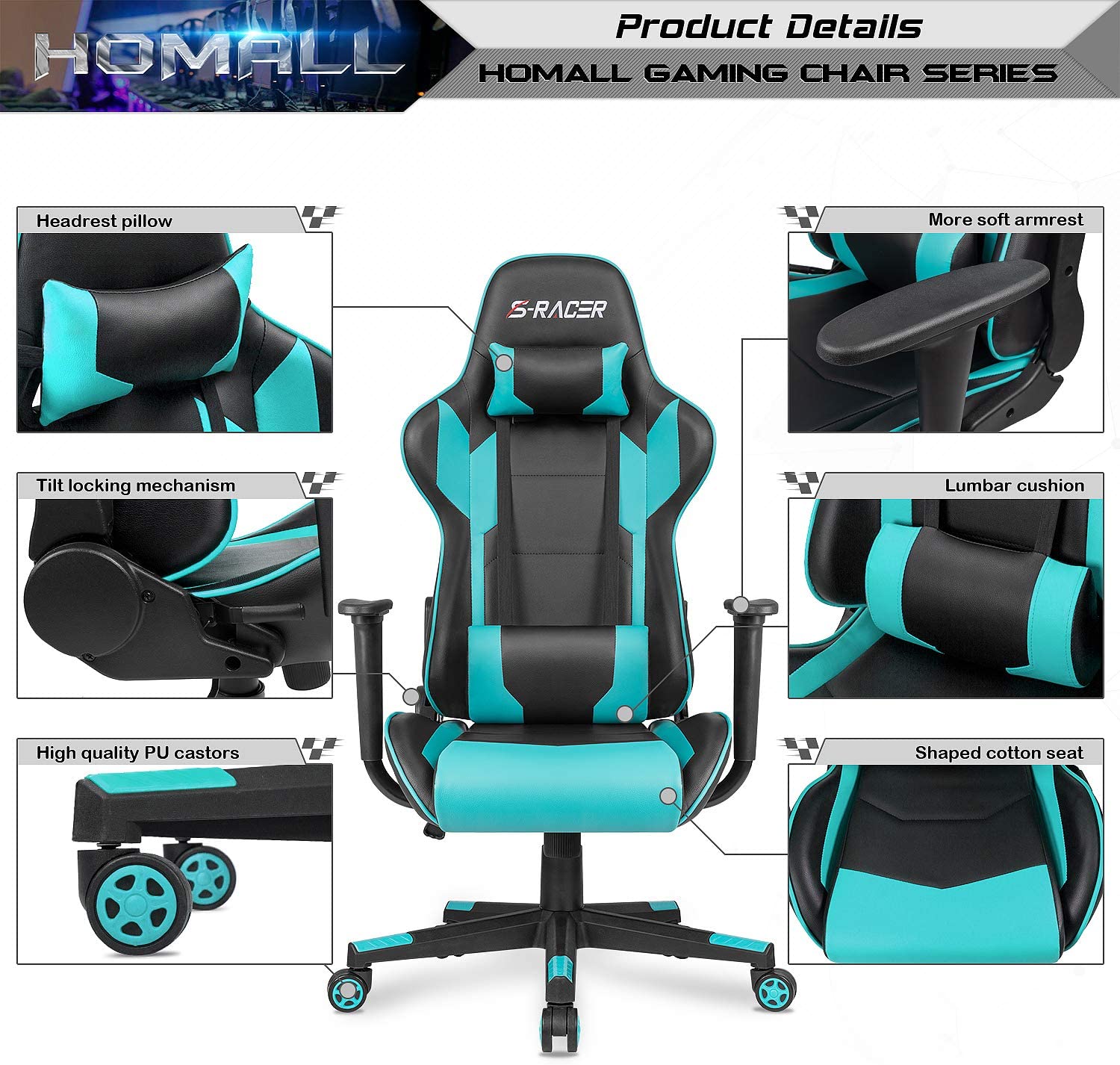 Homall Gaming Chair Office Chair High Back Computer Chair PU Leather Desk Chair Racing Executive Ergonomic Swivel Task Chair, Seat Height Adjustable, with Headrest and Lumbar Support (Blue)