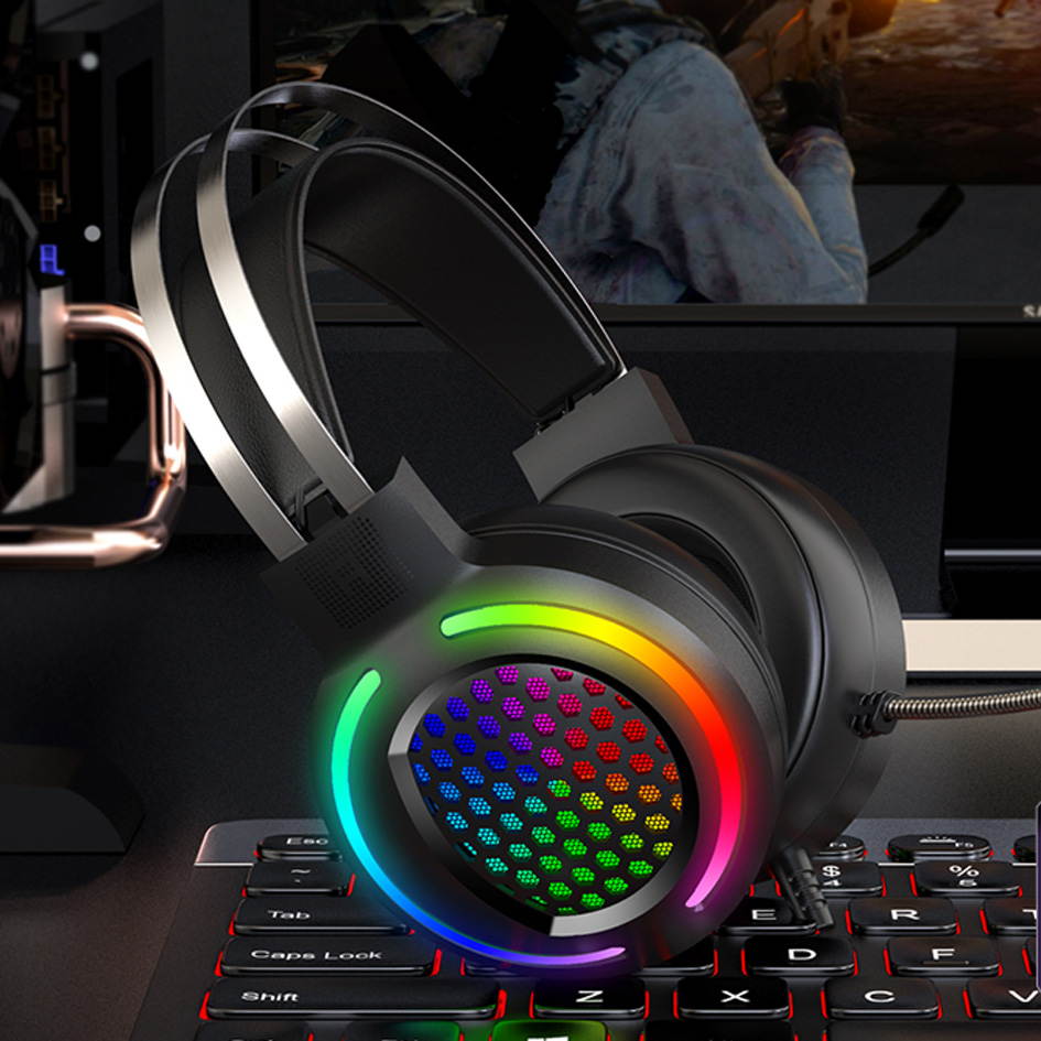 Gaming Headset with 7.1 Surround Sound,PC Lightweight Headset with Noise Canceling Mic,Bass Surround,Soft Memory Earmuffs,Rainbow LED Backlit for PC,PS4,Xbox One Controller(Adapter Not Included)(Pink)