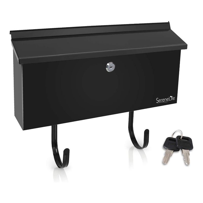SereneLife SLMAB27 Home Indoor Outdoor Galvanized Steel Metal Wall Mount Locking Mailbox Magazine Newspaper Holder with Keys, Black (2 Pack)