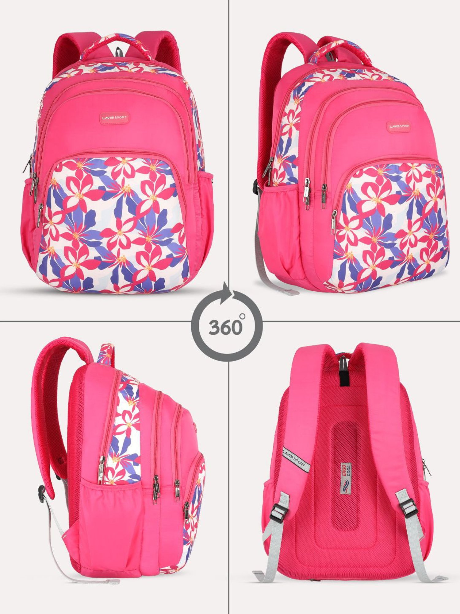 Lavie Sport Daylilies 39L Printed School Backpack with Rain cover for Girls (Magenta)