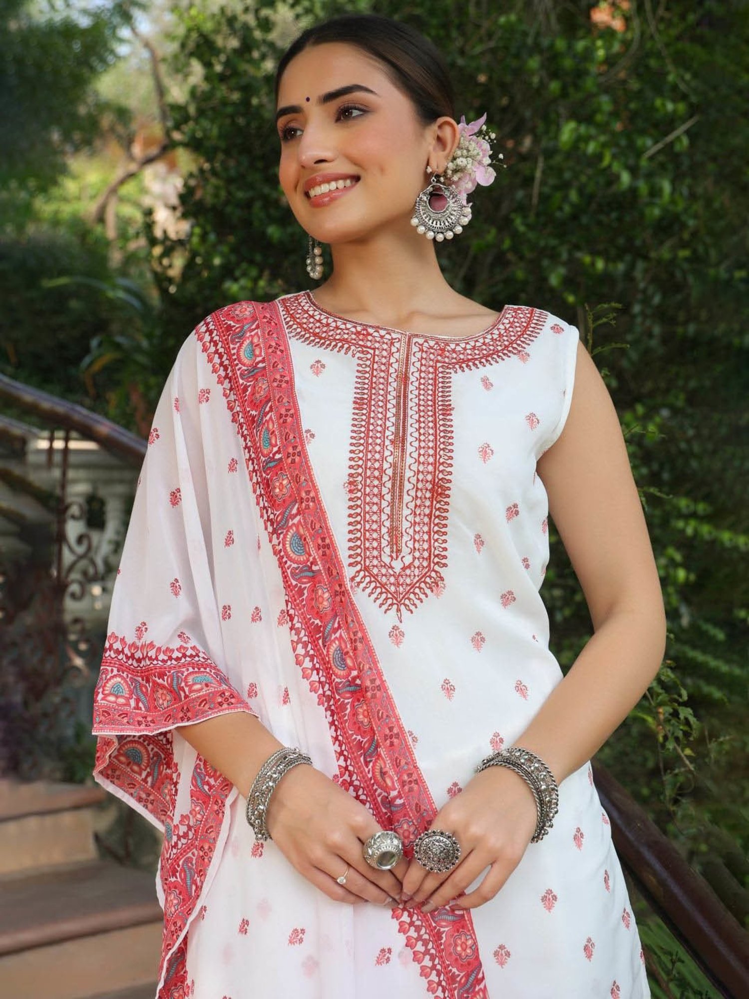 Juniper Maroon Ethnic Motif Print Georgette Kurta Sharara & Dupatta Set With Thread Work Embroidery