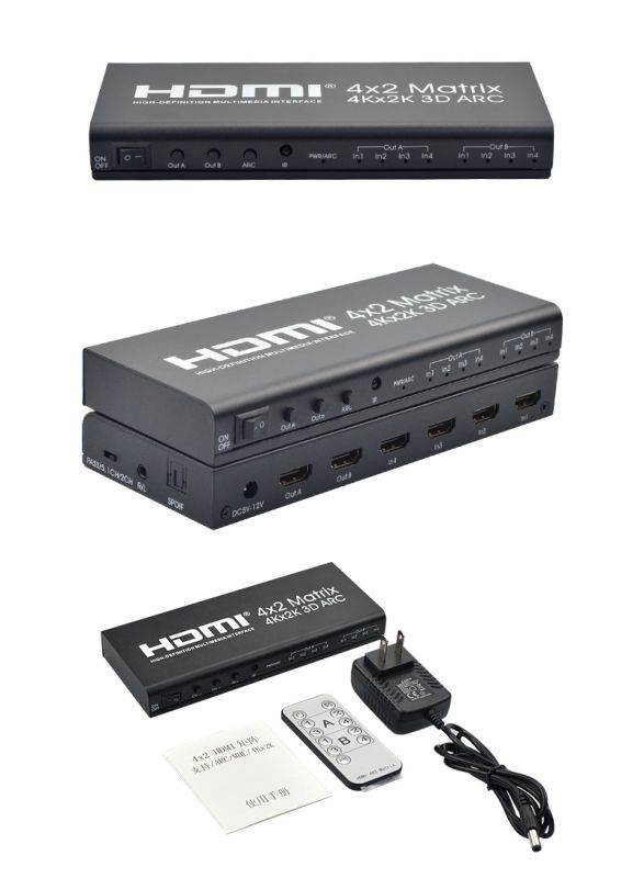 HDMI 4X2 matrix switcher HDMI splitter supports ARC 4Kx2K SPDIF coaxial stereo headphone audio output, with 5V power adapter