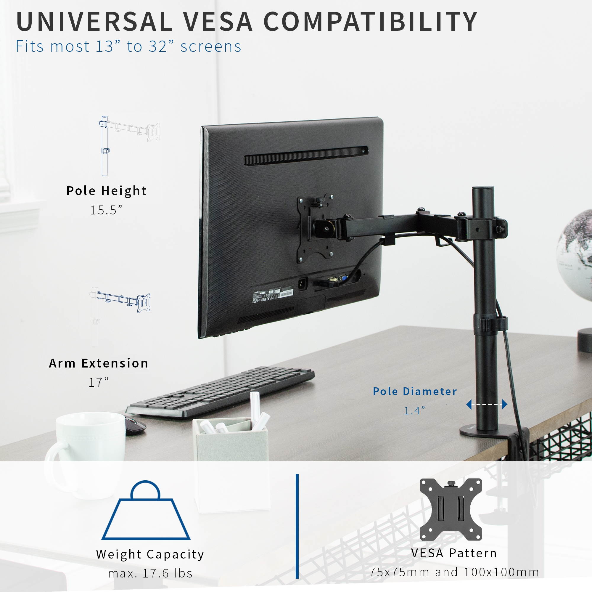 VIVO Single LCD 13" to 32" Monitor Desk Mount Stand, Fully Adjustable, Tilt, Rotation | For 1 Screen (STAND-V100B)