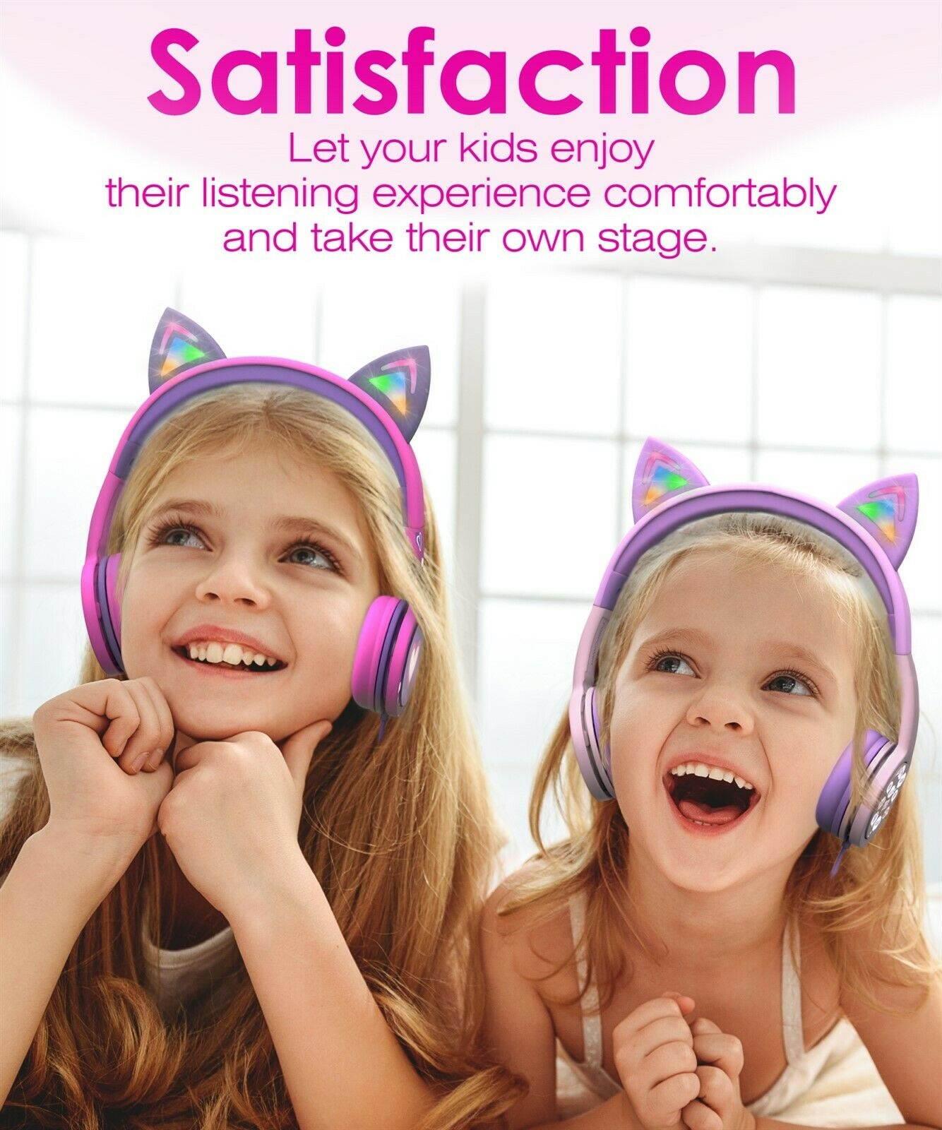 Kids Wired Cat Ears Headphone Headsets Girl Earphone On Ear Pink Volume Control