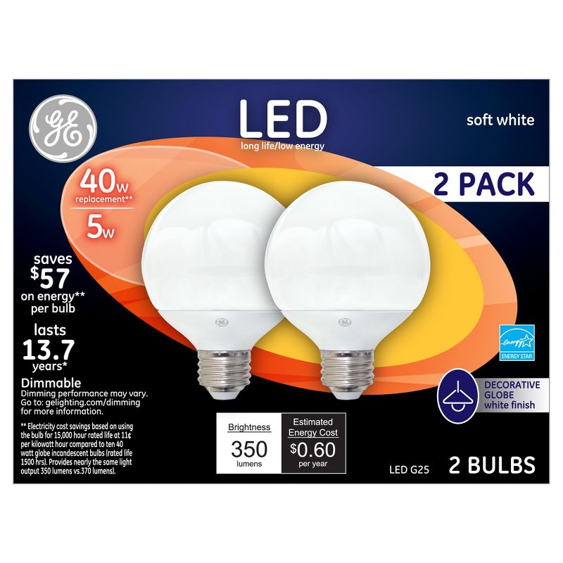 General Electric LED 40w 2Pk G25 Globe Light Bulb White