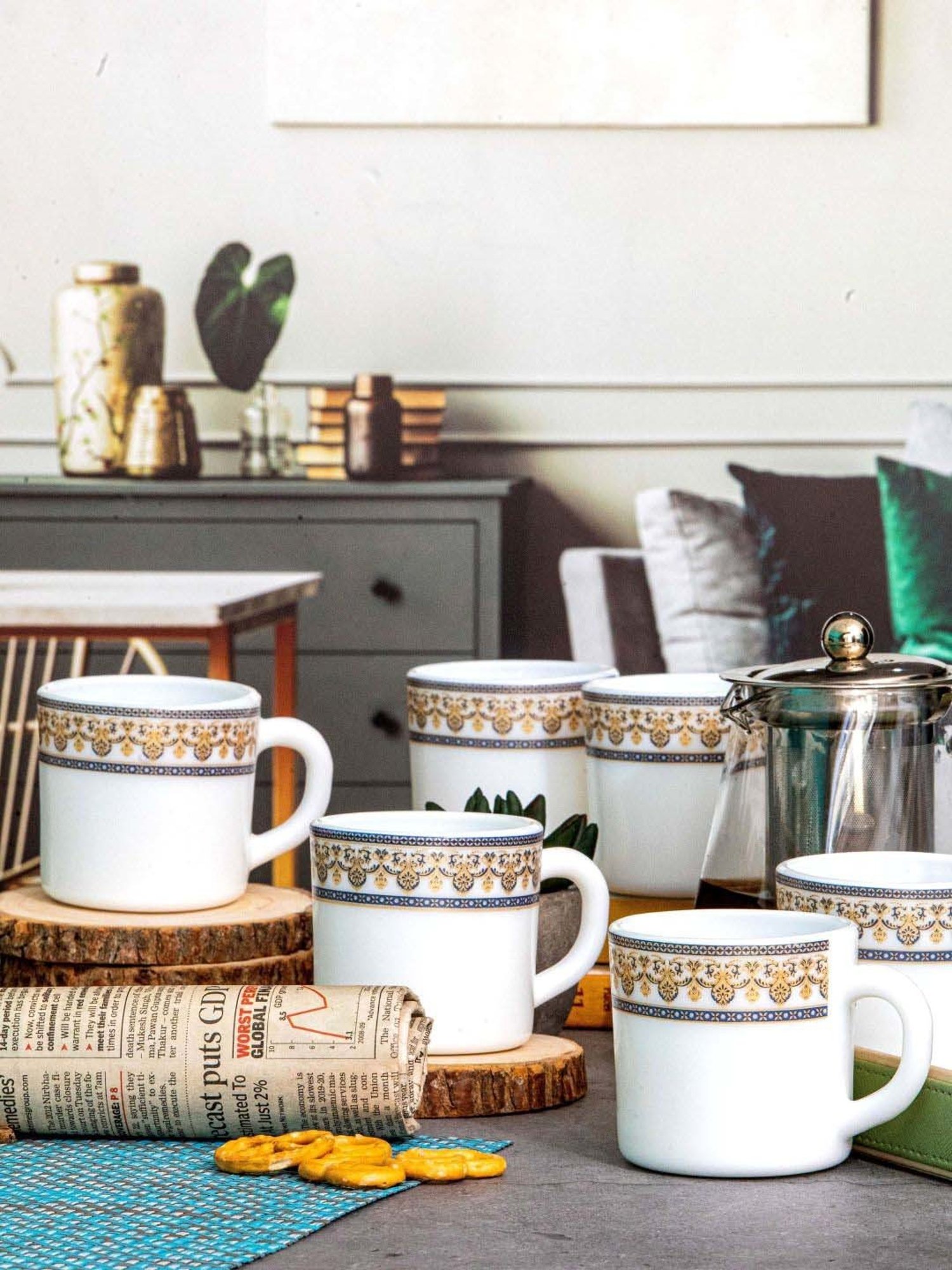 Cello White & Brown Opalware Solitaire Tea Mug (0.18 L) - Set of 6