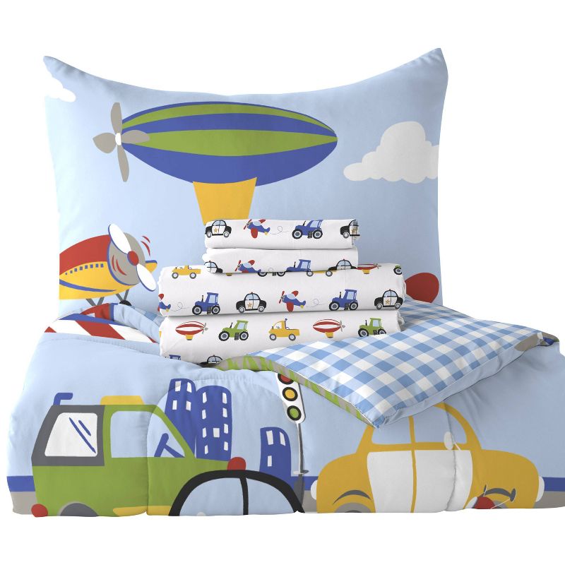 Dream Factory Trains and Trucks Mini Bed in a Bag - Blue (Twin)