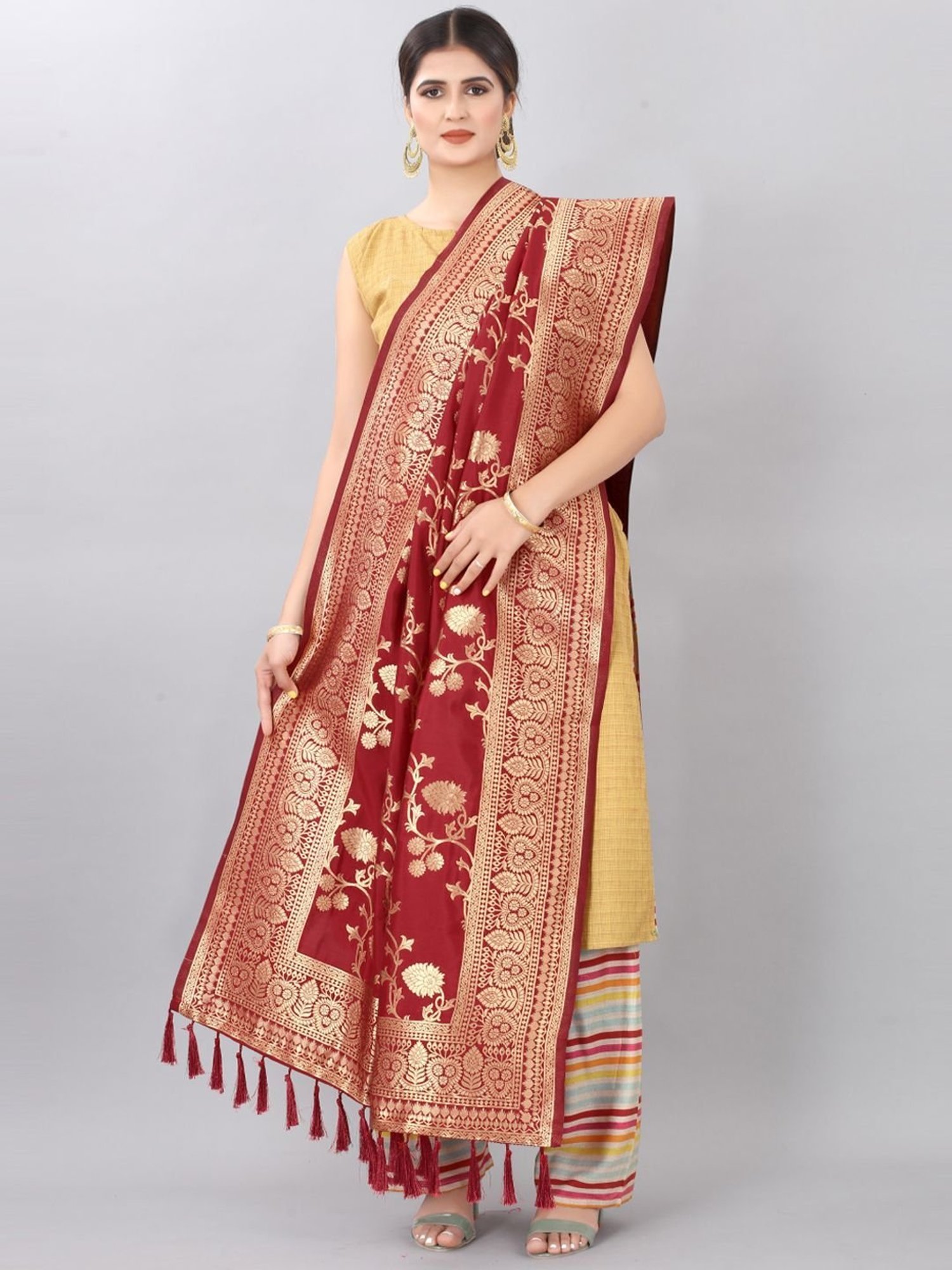 Silk Land Red Woven Pattern Dupatta