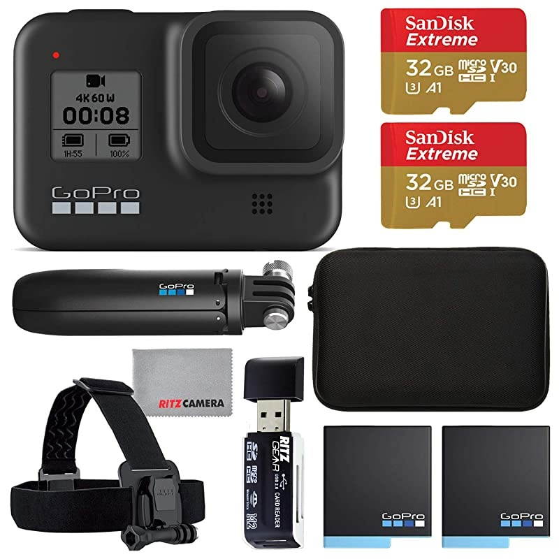 Hero 8 Action Camera with 2 Total Batteries, Two Sandisk 32GB Extreme MicroSD Cards,  Shorty Tripod, Head Mount Strap, Camera Case, Card Reader and Cleaning Cloth
