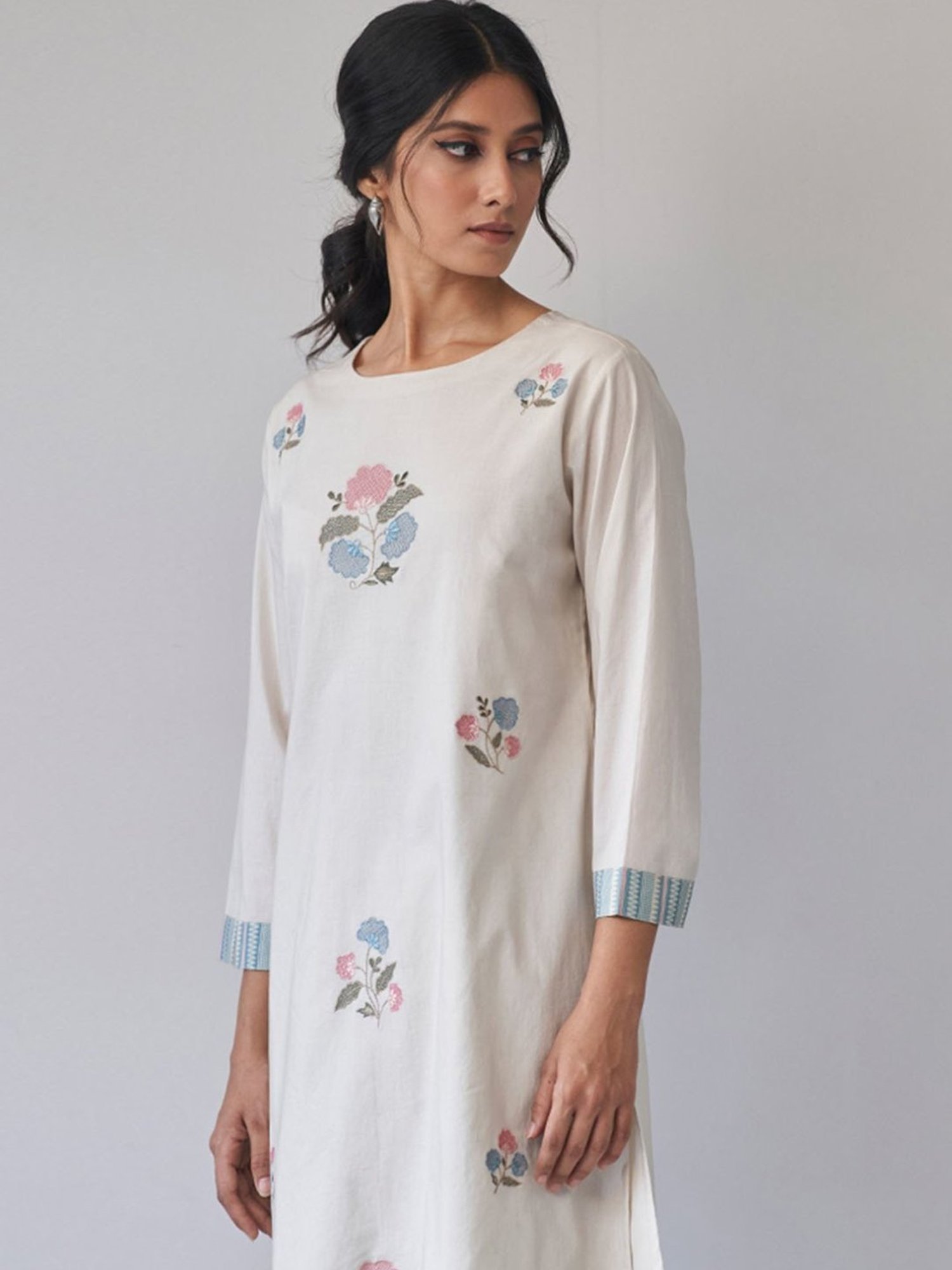 Ganga Fashions Beige Embroidered Cotton Kurta with Printed Salwar