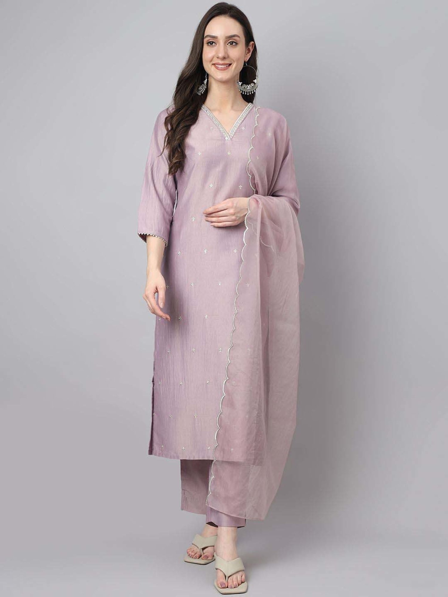 Janasya Lavender Embellished Kurta & Pant Set With Dupatta