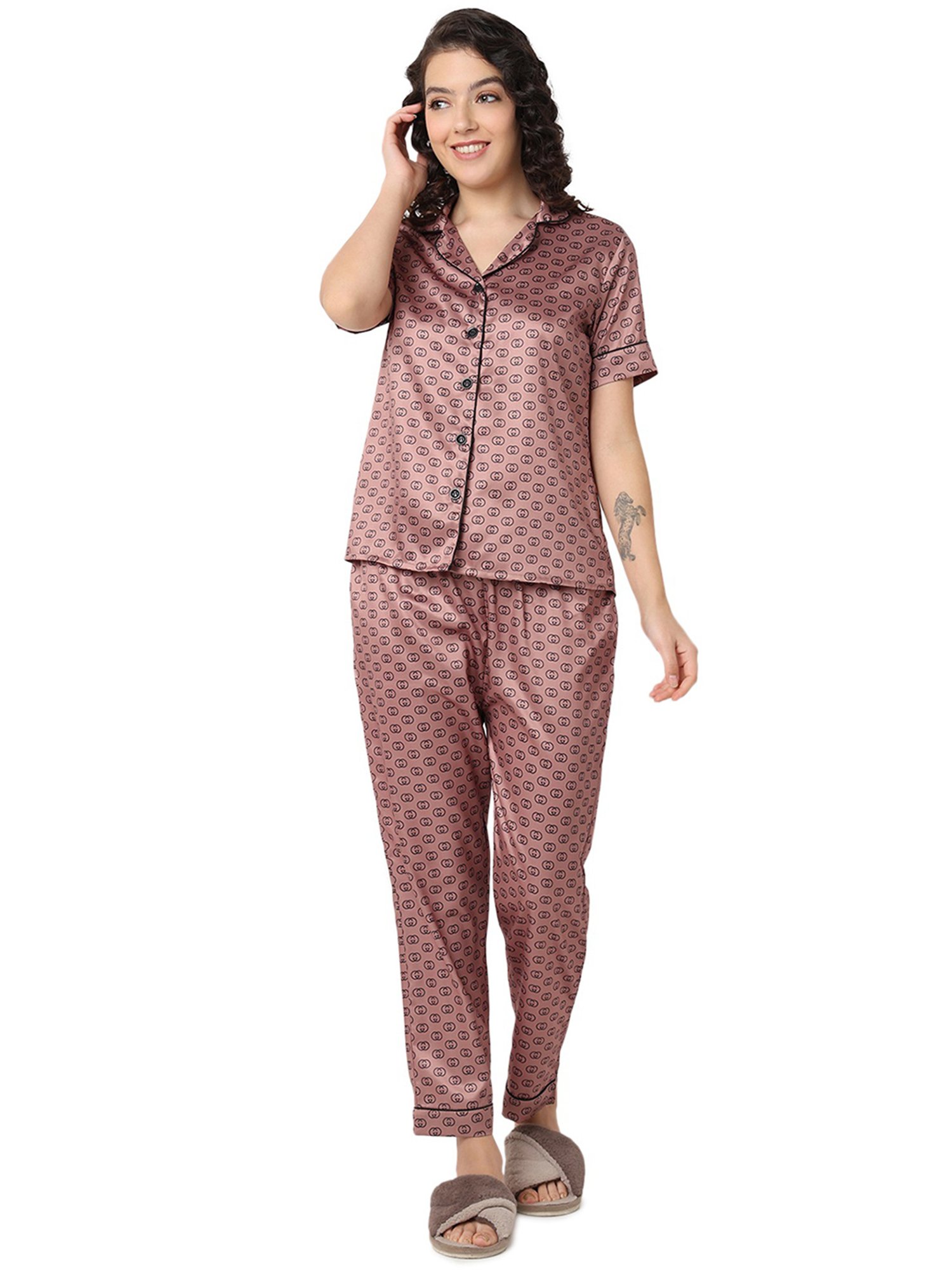 Smarty Pants Brown Satin Printed Shirt With Pyjamas