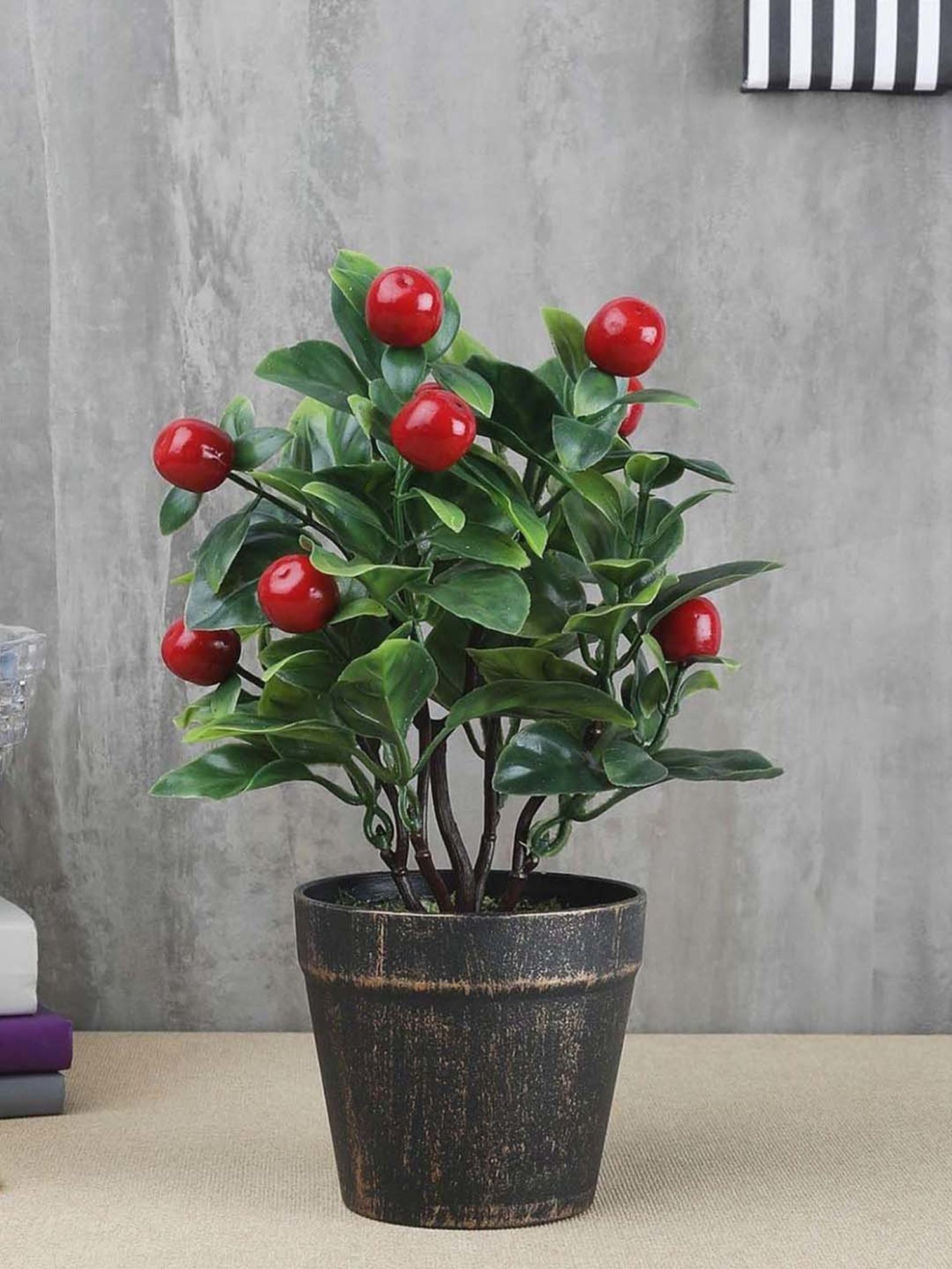 Foliyaj Green & Red Plastic Artificial Cherry Bonsai Tree With Pot