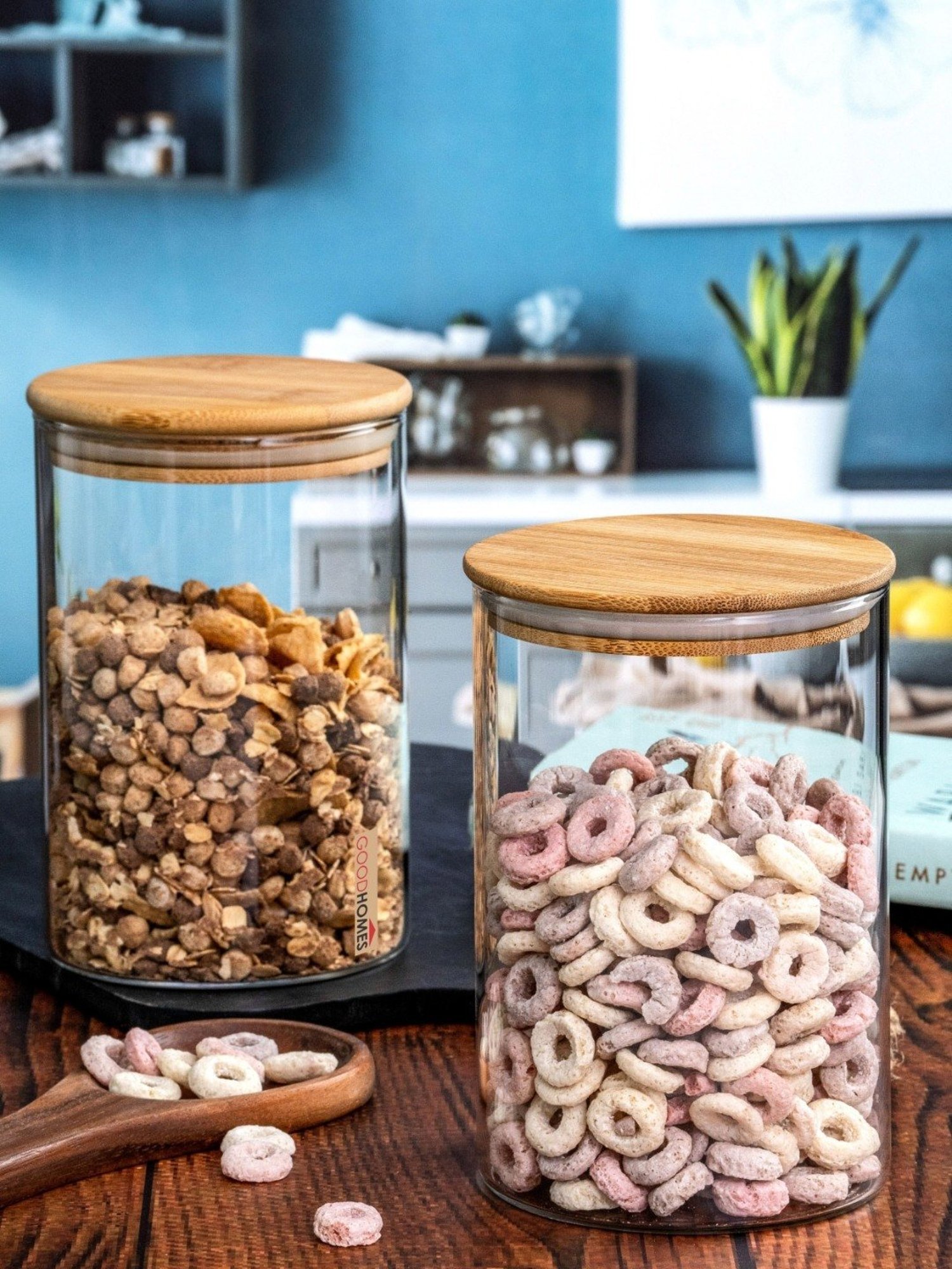 Goodhomes Transparent Glass Storage Jar with Wooden Lid - Set of 2
