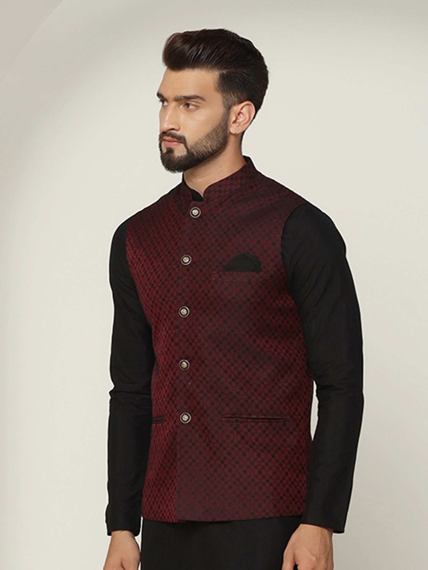 KISAH Wine Regular Fit Self Design Nehru Jacket