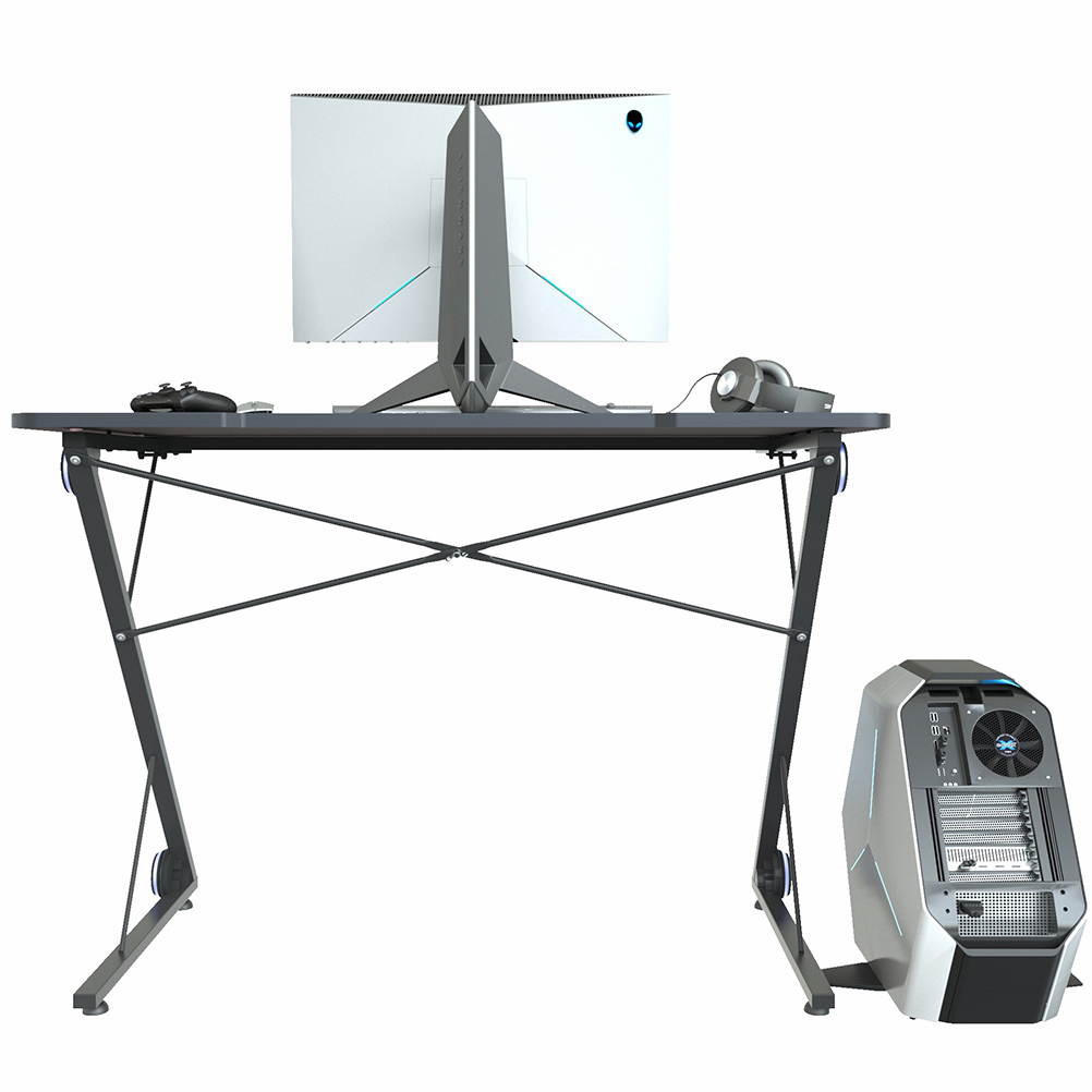 HOMEMAXS 43'' Z-Shaped Gaming Desk E-Sport Gamer Workstation Ergonomic PC Gaming Table with LED Lights,Large Carbon Fiber Surface,Game Handles Holder,Cup Holder,Headphone Hook and Cable Management