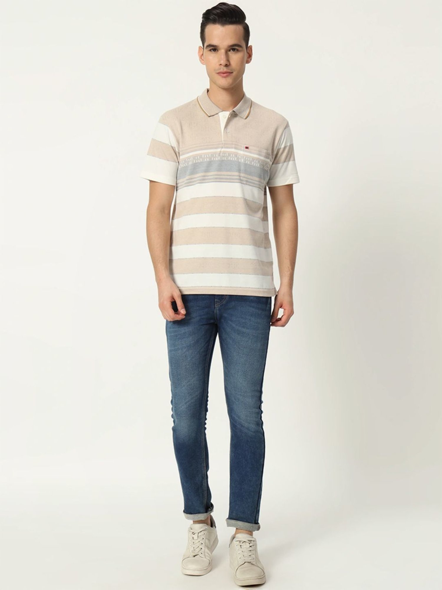 Tab91 Beige Regular Fit Striped Polo T-Shirts