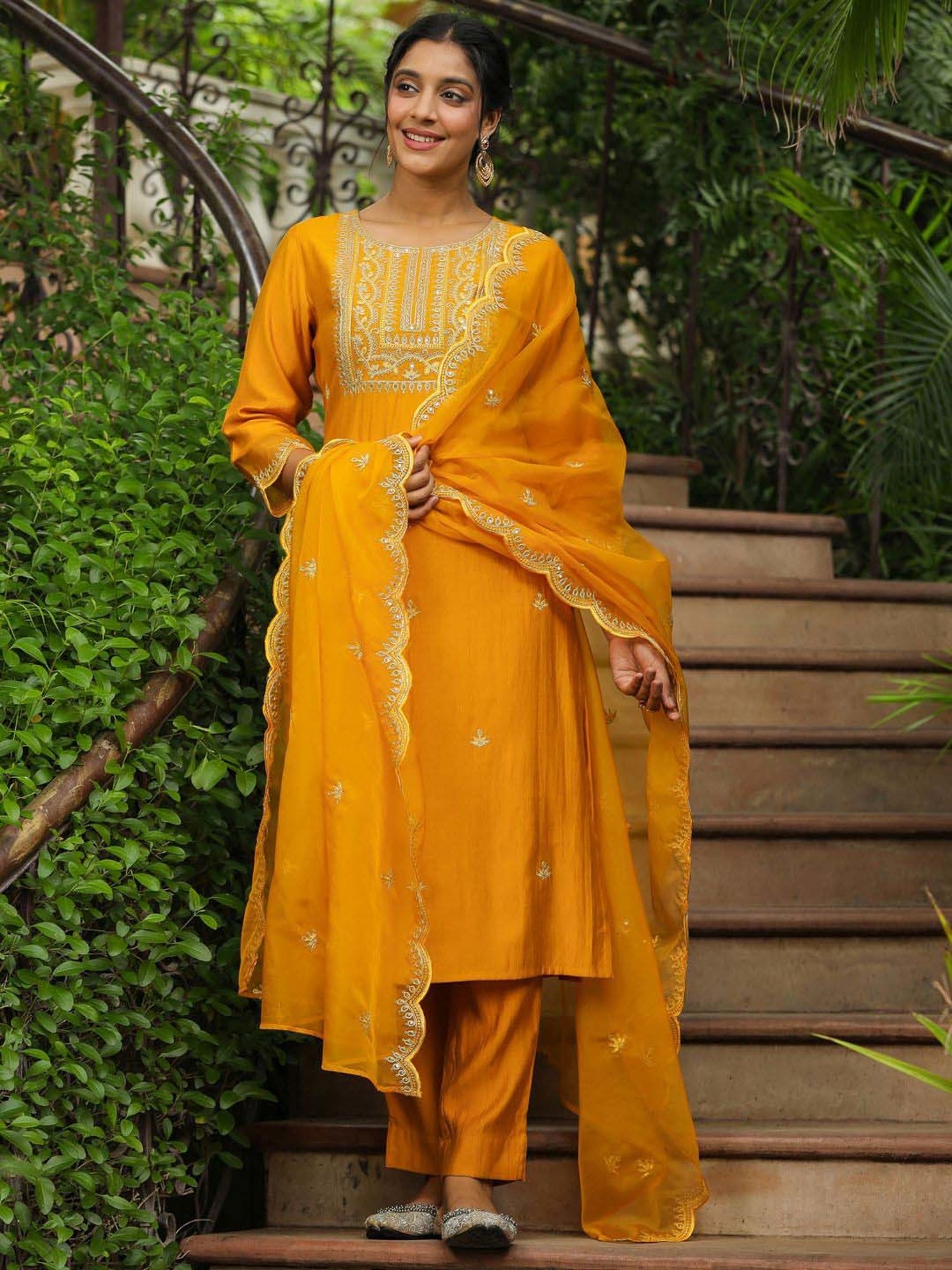 Janasya Mustard Embroidered Kurta Pant Set With Dupatta