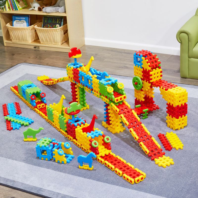 ECR4Kids Train Station Interlocking Waffle Blocks Building Set, STEM Toy for Kids, 433 Piece - Assorted