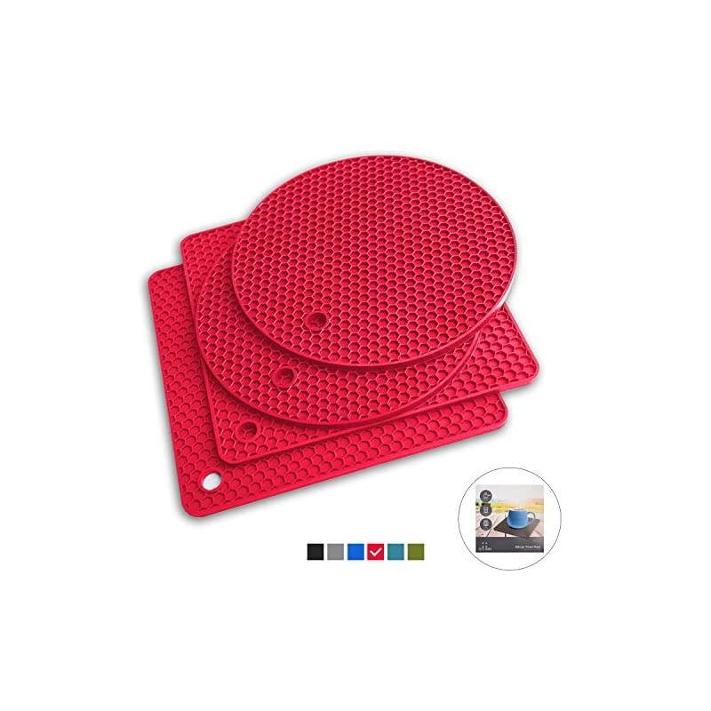Red Silicone Trivet Mats | Hot Pot Holders | Drying Mat. Our potholders Kitchen Tool is Heat Resistant to 440&deg;F, Non-slip,durable, flexible easy to wash and dry and Contains 4 pcs.