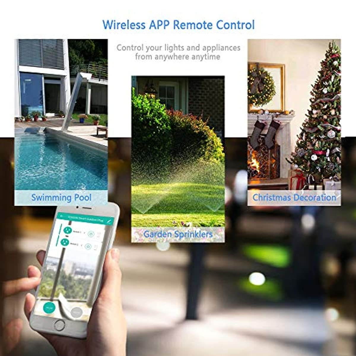 Outdoor Smart Plug, TESSAN WiFi Outlet Works with Alexa, Google Assistant, 2 Individual Socket Outside Power Strip Waterproof Timer Extension Cord with Switch for Lights and 2HP Pool Pump