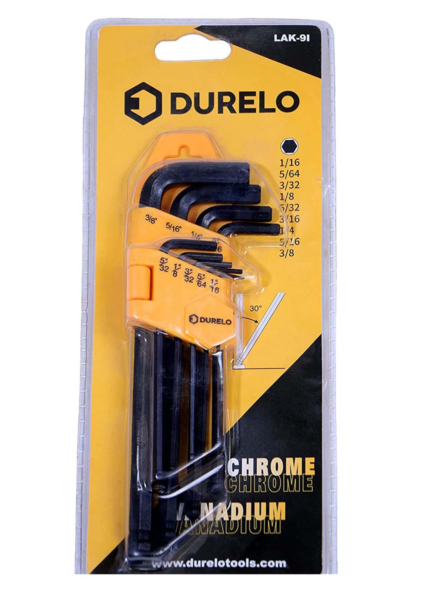 DURELO LAK-9I Long Ball Point Allen Key Set (1/16,5/64,3/32,1/8,5/32,3/16,1/4,5/16,3/8inch) (Yellow)