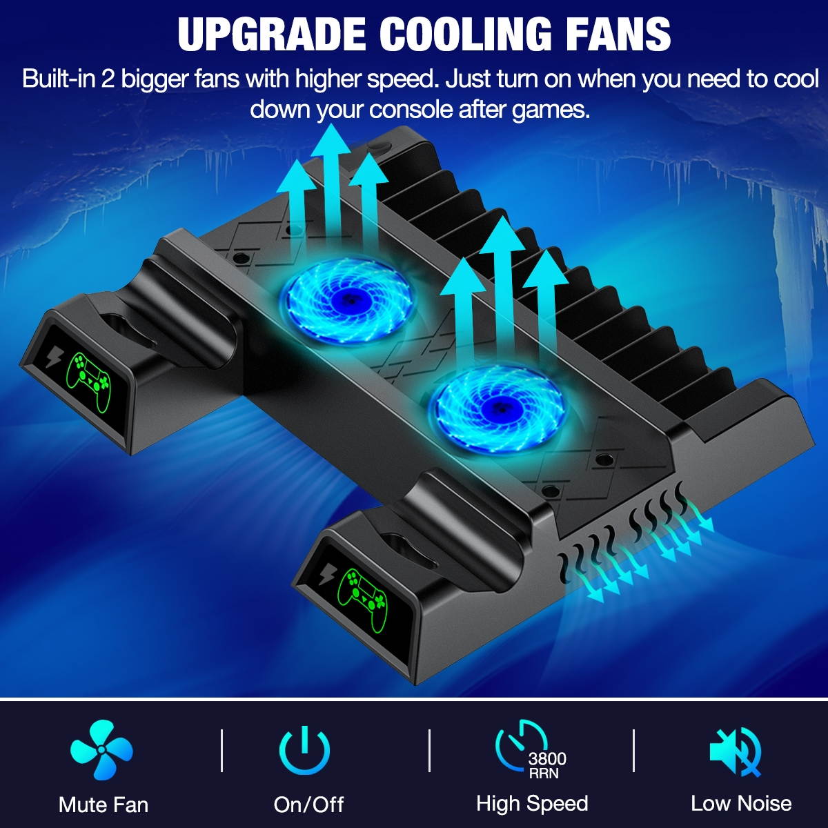 PS4 Vertical Stand Cooling Fan for PS4 Slim/ PS4 Pro/ Regular PlayStation4, PS4 Stand Controller Charger Station for Dual Charging, PS4 Accesossries with Game Storage for Playstation Consoles