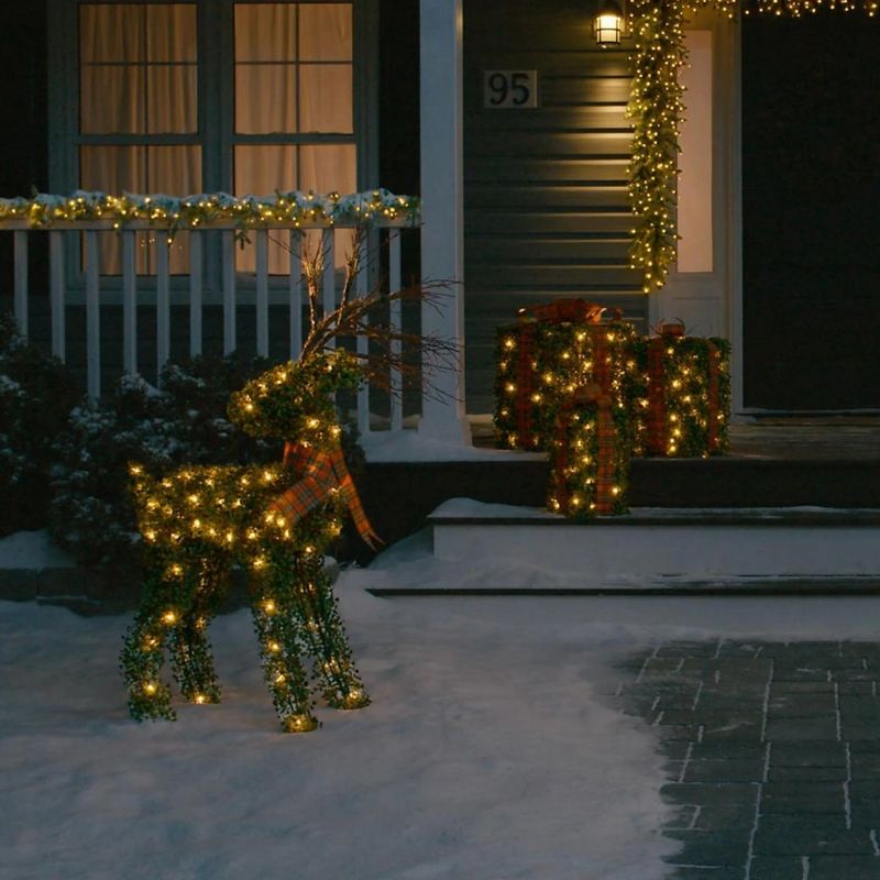 NOMA Pre Lit Outdoor Winter Garden Deer Christmas Holiday Lawn Decoration with Branch Antlers, Red Ribbon Scarf, and 4 Secure Yard Stakes, Green