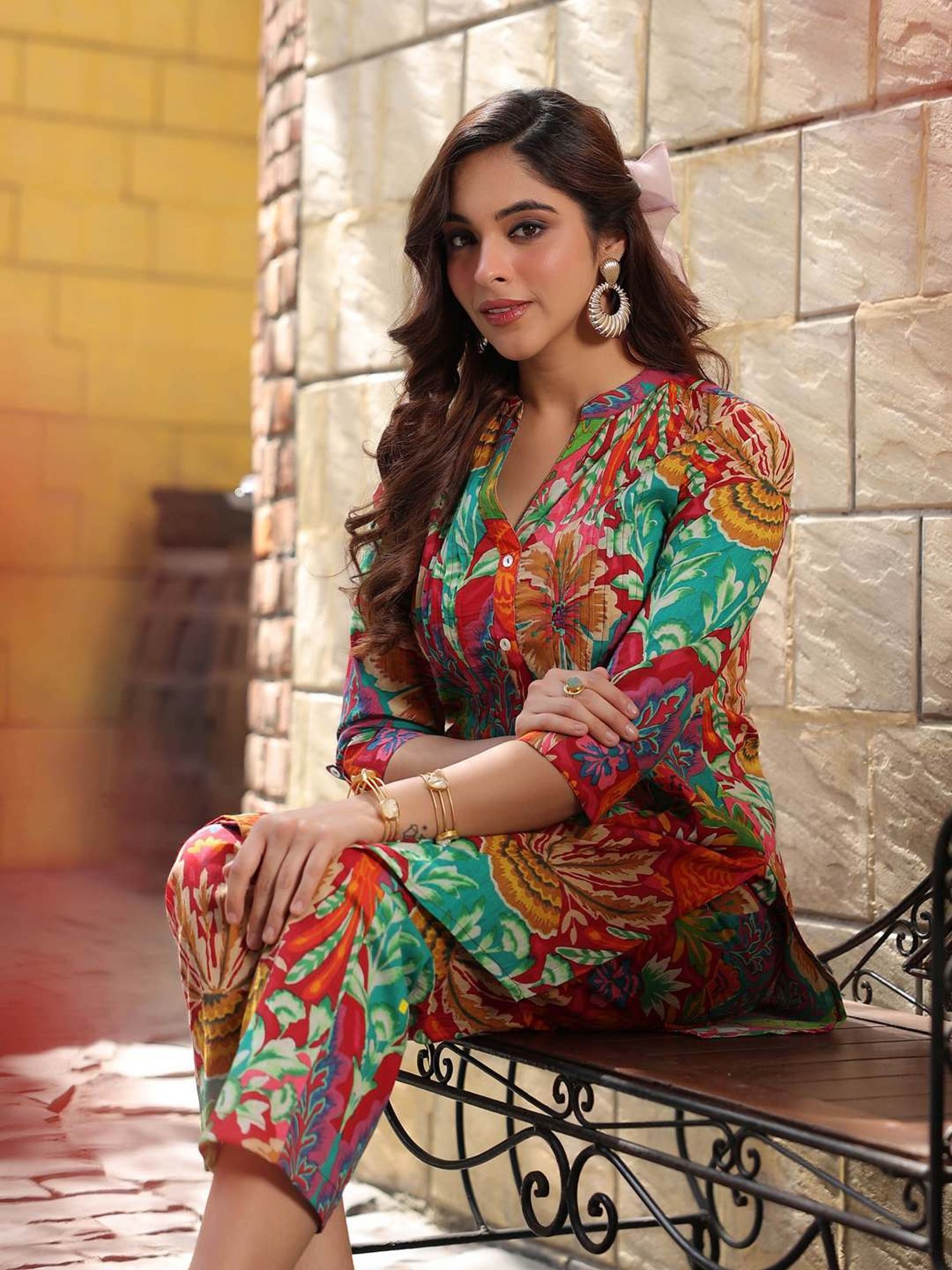 Rain and Rainbow Multicolored Cotton Printed Tunic & Pant Set