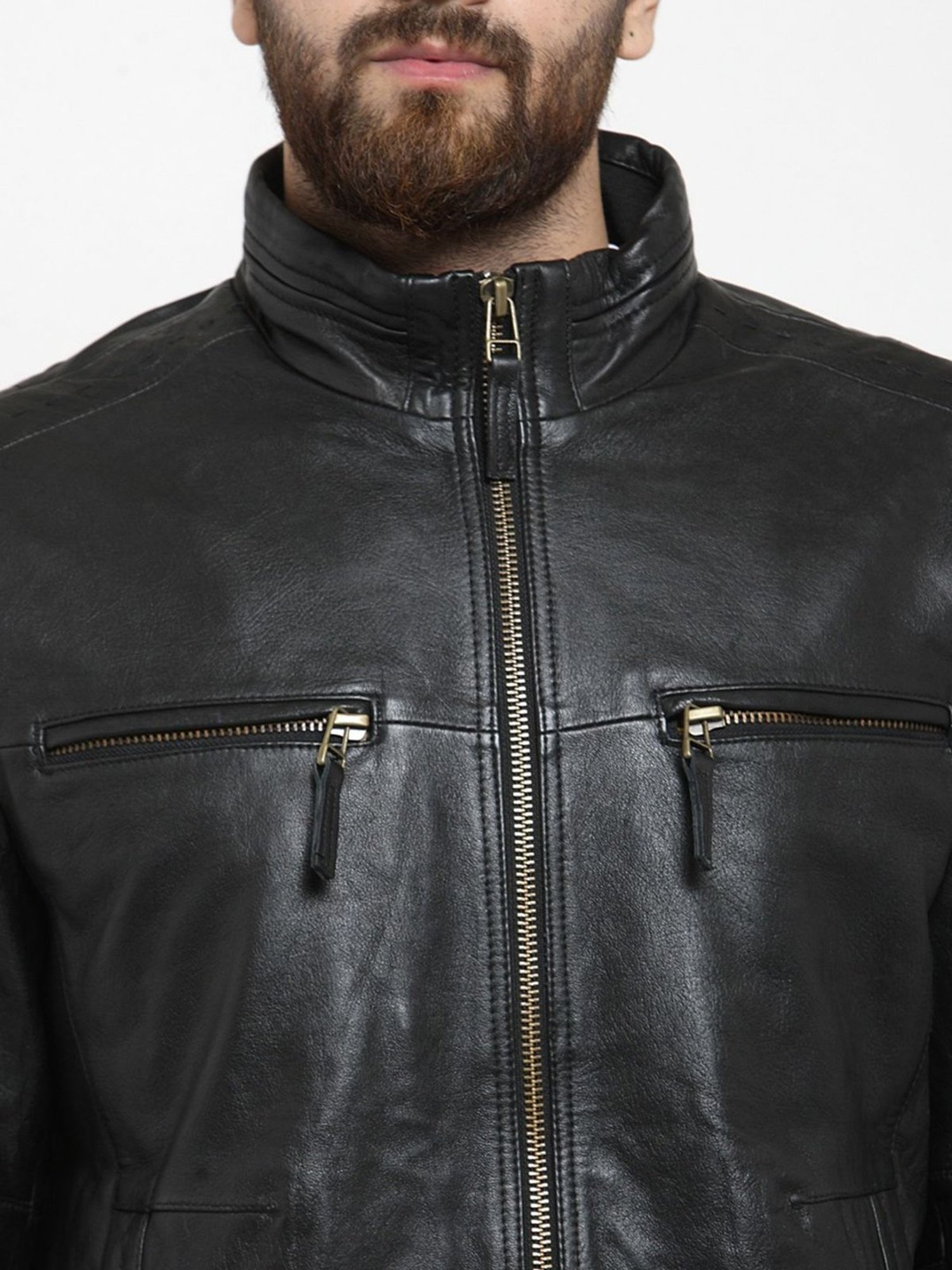 Teakwood Leathers Black High Neck Leather Jacket