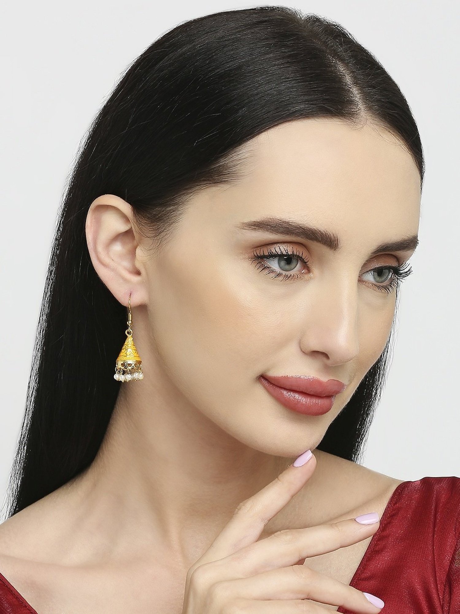 Oomph Pink, Green & Yellow Meenakari Enamel Small Ethnic Jhumki Earrings - Set of 3