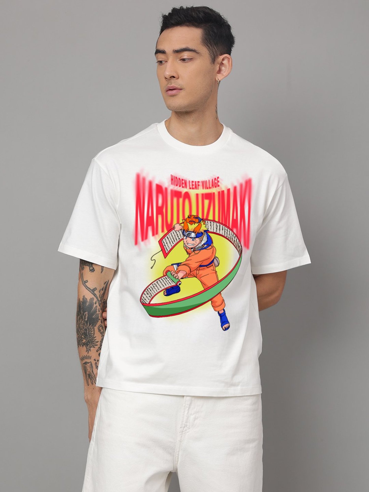 Free Authority White Loose Fit Naruto Printed Crew T-Shirt