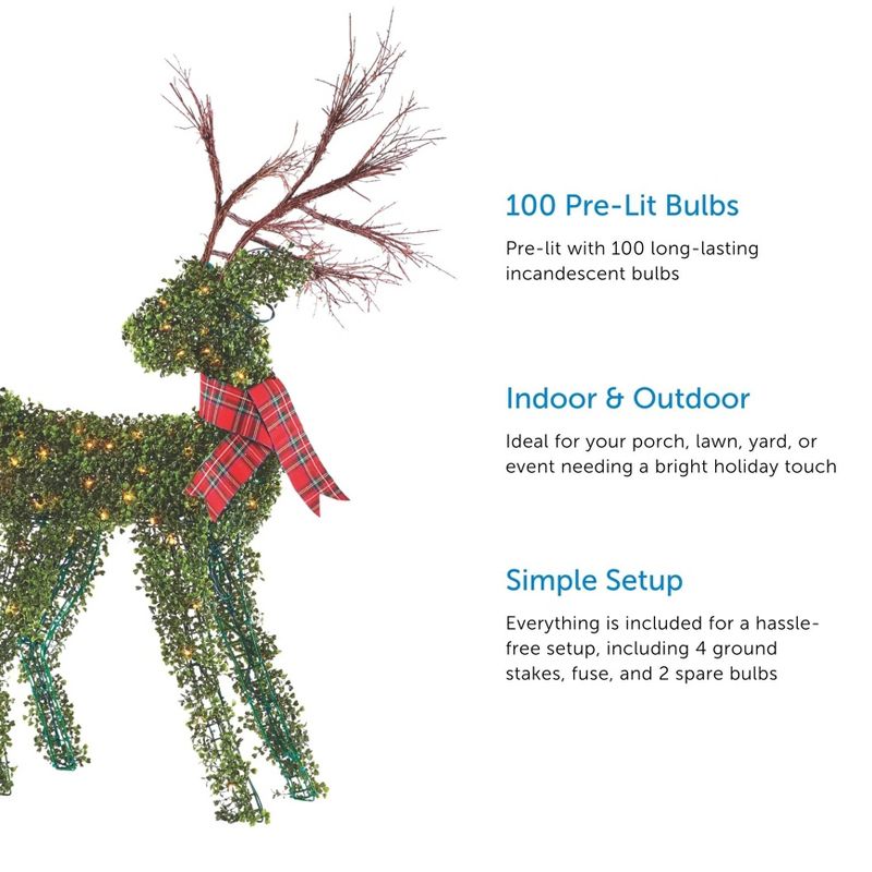 NOMA Pre Lit Outdoor Winter Garden Deer Christmas Holiday Lawn Decoration with Branch Antlers, Red Ribbon Scarf, and 4 Secure Yard Stakes, Green